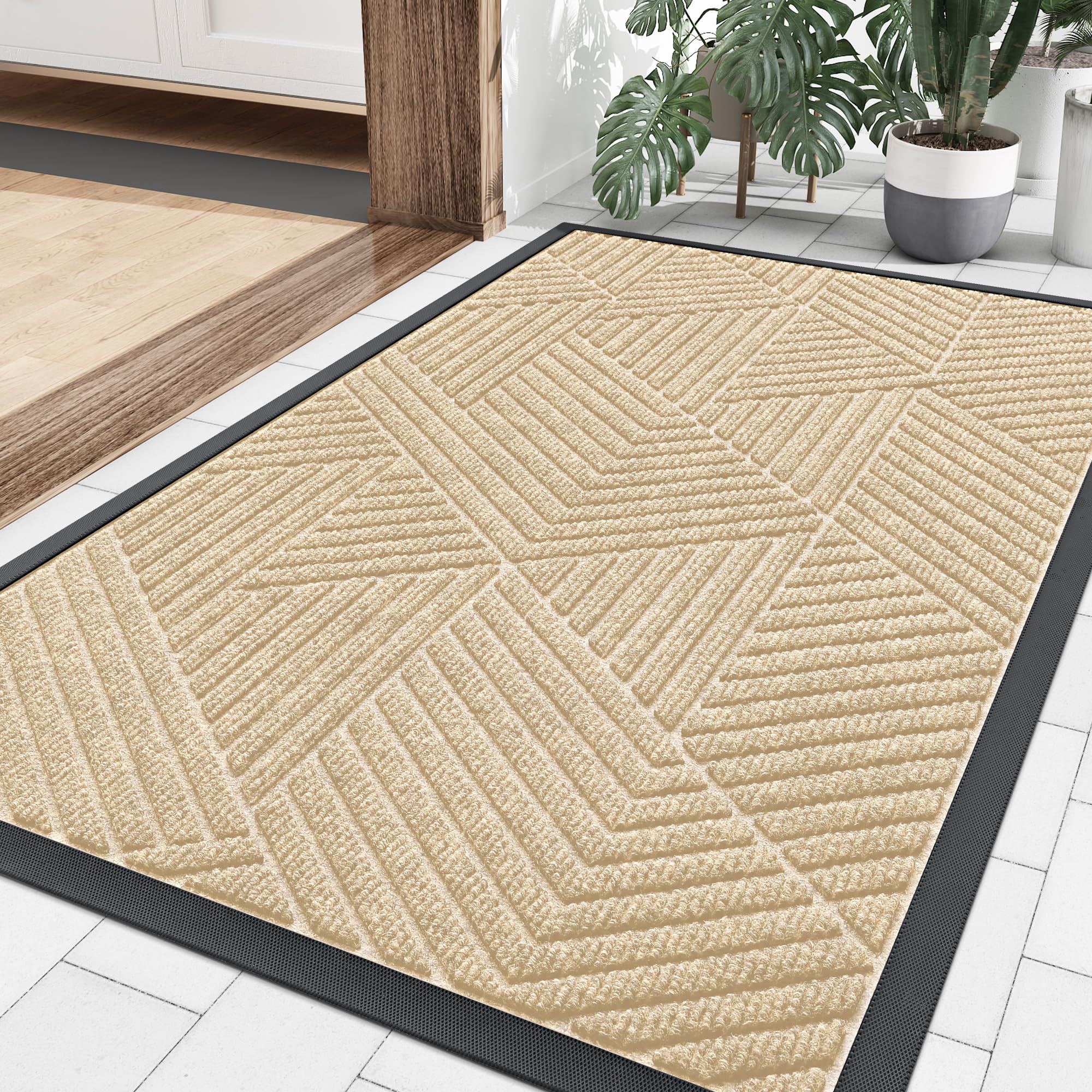 Smiry Front Door Mat Outside Entrance, Heavy Duty Sturdy Natural Rubber Doormat, Trap Dirt And Moisture, Easy Clean Low Profile Welcome Floor Mats For Indoor Outdoor Entry, 29.5X17 Inch, Beige